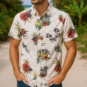 On The Byas Shirt Mens Medium Button Up Tropical Mushroom Floral Pocket‎ Cotton
